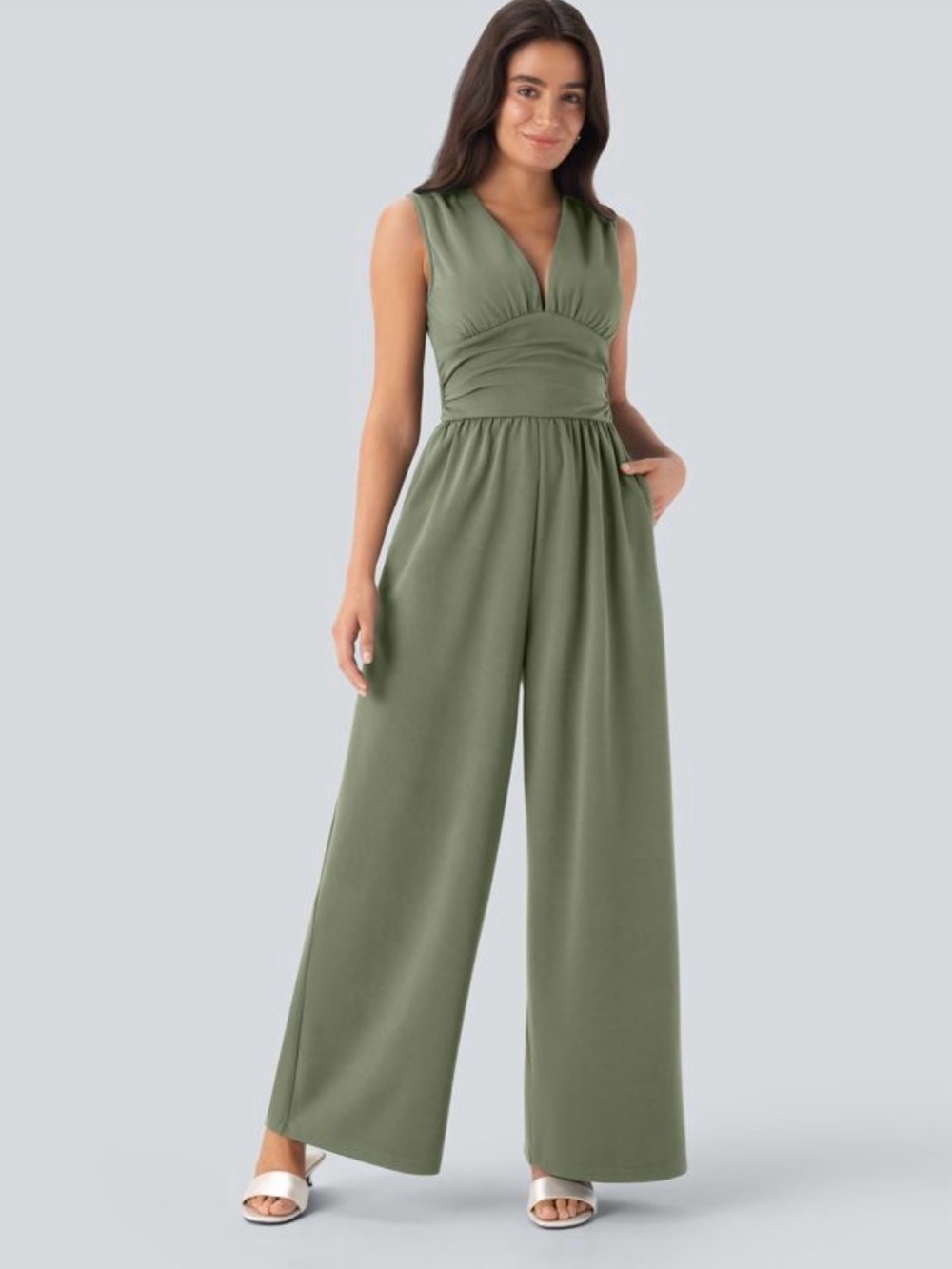 Halara Olive Sleeveless Deep V Maxi Jumpsuit